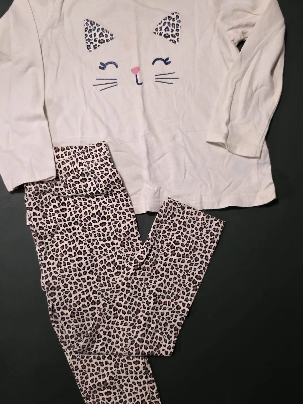 GAP Cream Cat Face Top with Pink & Brown Leopard Leggings Pajama Set